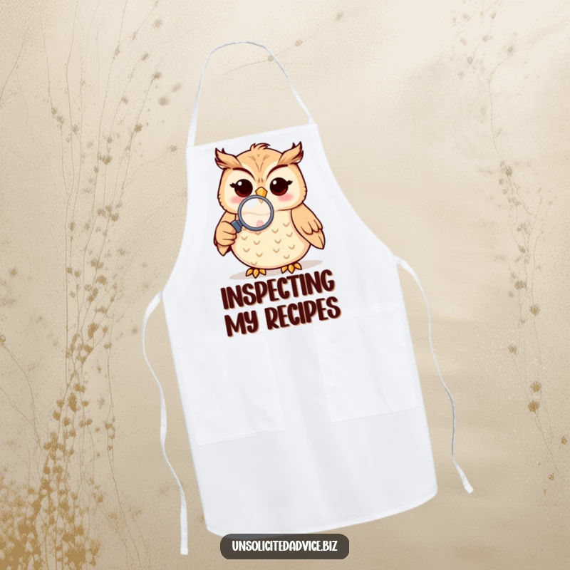 Funny apron featuring a cheerful anthropomorphic owl holding a magnifying glass to a small object, perfect for curious cooking.