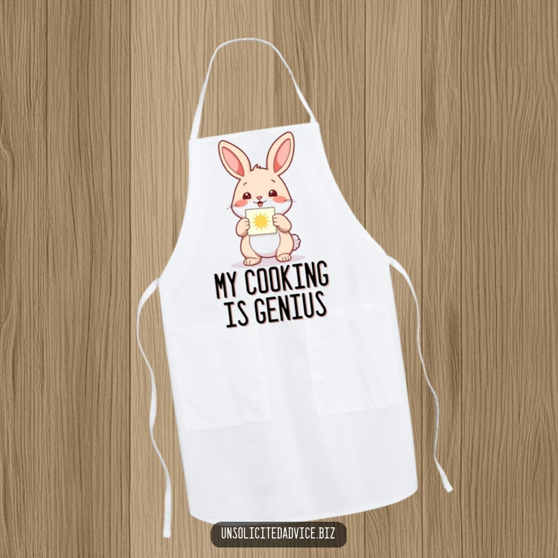 Funny apron featuring a happy anthropomorphic rabbit presenting a small, glowing diagram, perfect for inventive cooking.