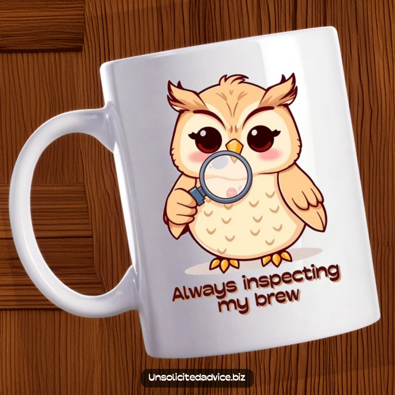 Funny mug with a cheerful anthropomorphic owl using a magnifying glass to examine a small object, embodying curiosity.