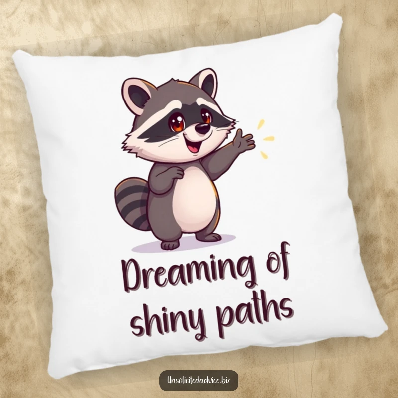 Funny Raccoon Pillow: Soft pillow featuring an enthusiastic raccoon pointing towards a dreamlike, shimmering path, adding humor and warmth, a funny gift.