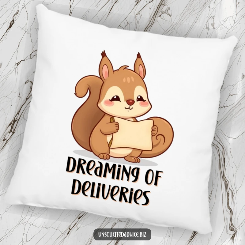 Funny pillow featuring a cute anthropomorphic squirrel smiling and presenting a tiny scroll, offering soft comfort and charm.