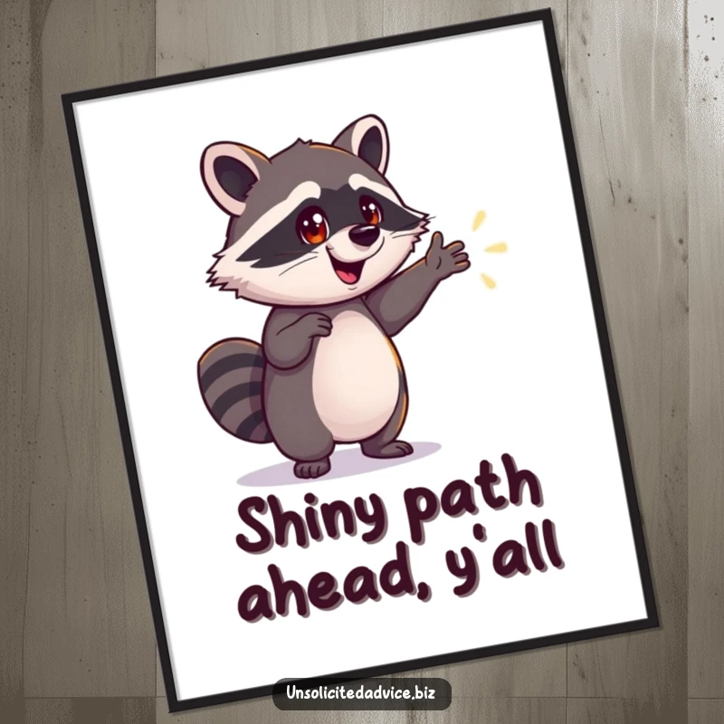 Funny Raccoon Digital Art Print: Animated raccoon pointing to a glowing, shimmering path, symbolizing hope and adventure, a downloadable funny gift.