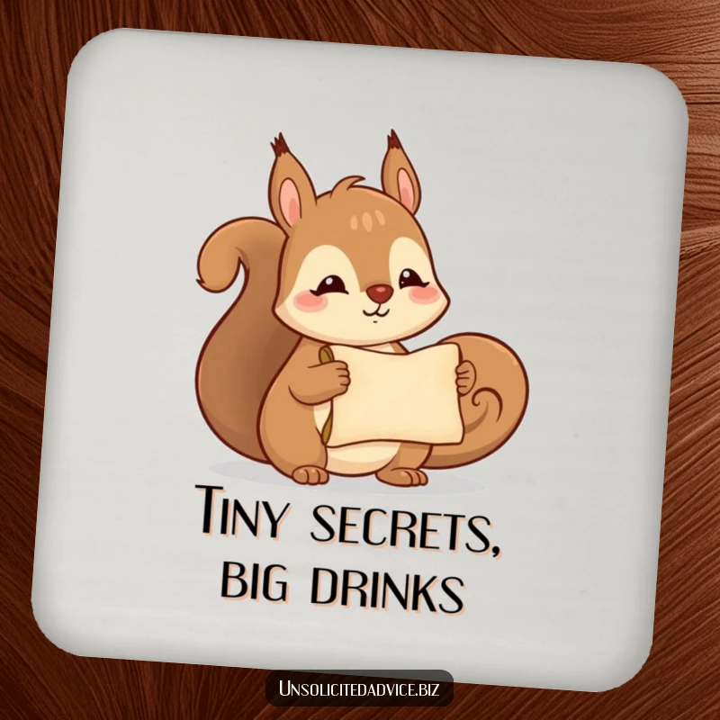 Funny drink coaster featuring a cute anthropomorphic squirrel smiling and holding a tiny scroll, adding charm to your table.