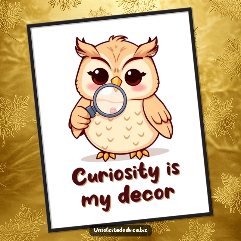 Funny poster print of a cheerful anthropomorphic owl intently examining a small object with a magnifying glass, radiating curiosity.