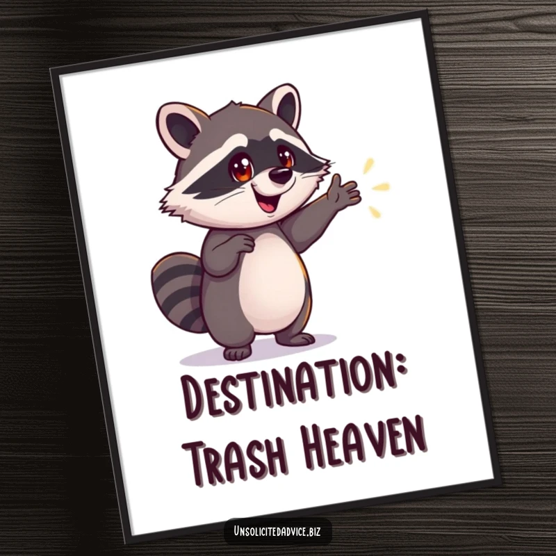 Funny Raccoon Poster: Vibrant art of an excited raccoon gesturing towards a glowing, shimmering path, encouraging dreams, a cool funny gift.