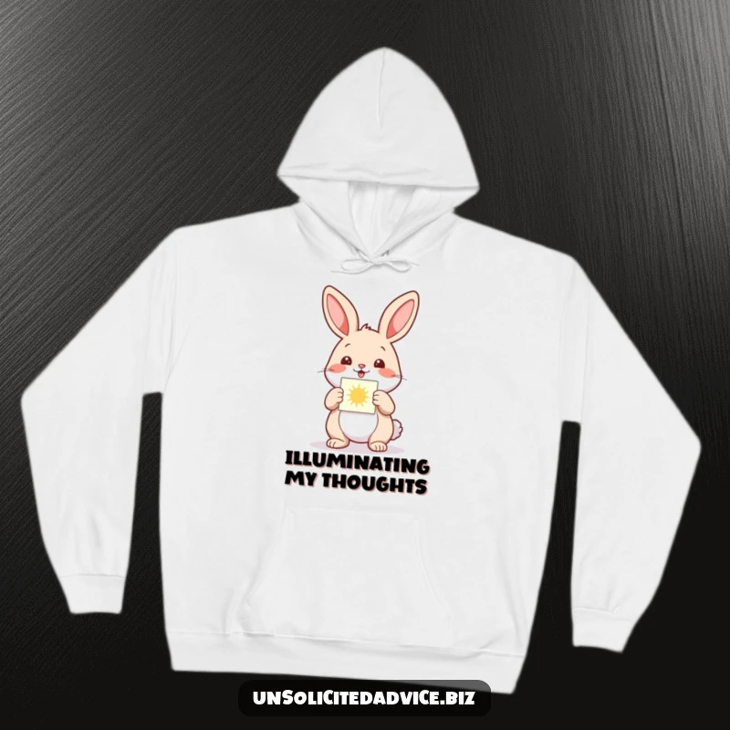 Funny hoodie featuring a happy anthropomorphic rabbit presenting a small, glowing diagram, offering warmth and inspiration.