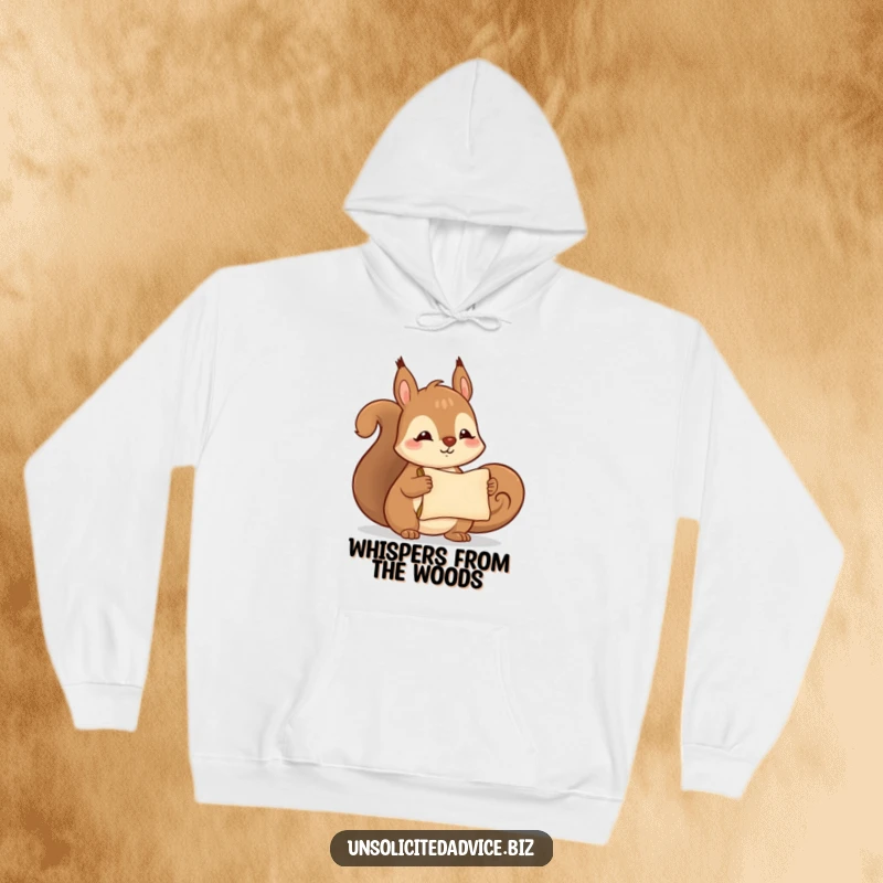 Funny hoodie featuring a cute anthropomorphic squirrel smiling and holding a tiny scroll, offering warmth and humor.