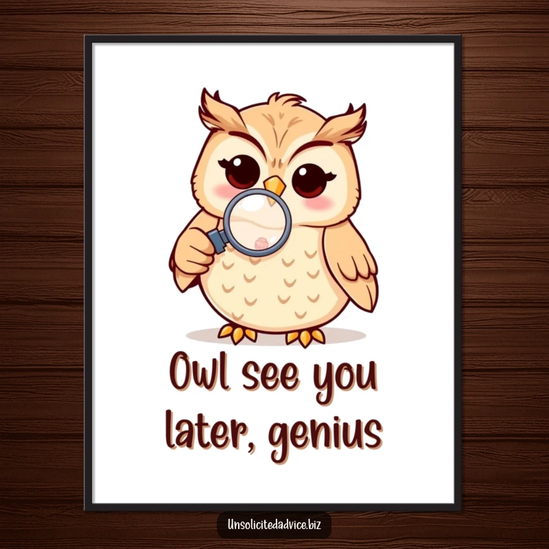 Funny Free Printable Wall Art: Cheerful owl with a magnifying glass focused on a tiny object, a whimsical piece for the curious.