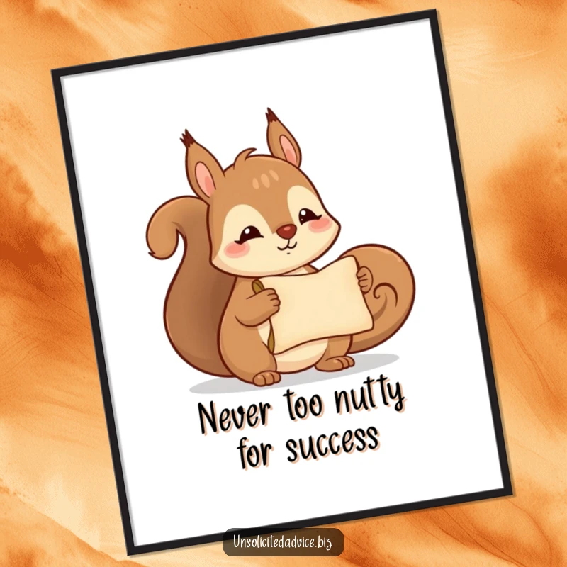 Funny Free Printable Wall Art: Cute squirrel with a wide smile presenting a tiny, tightly rolled scroll, suggesting hidden treasures.