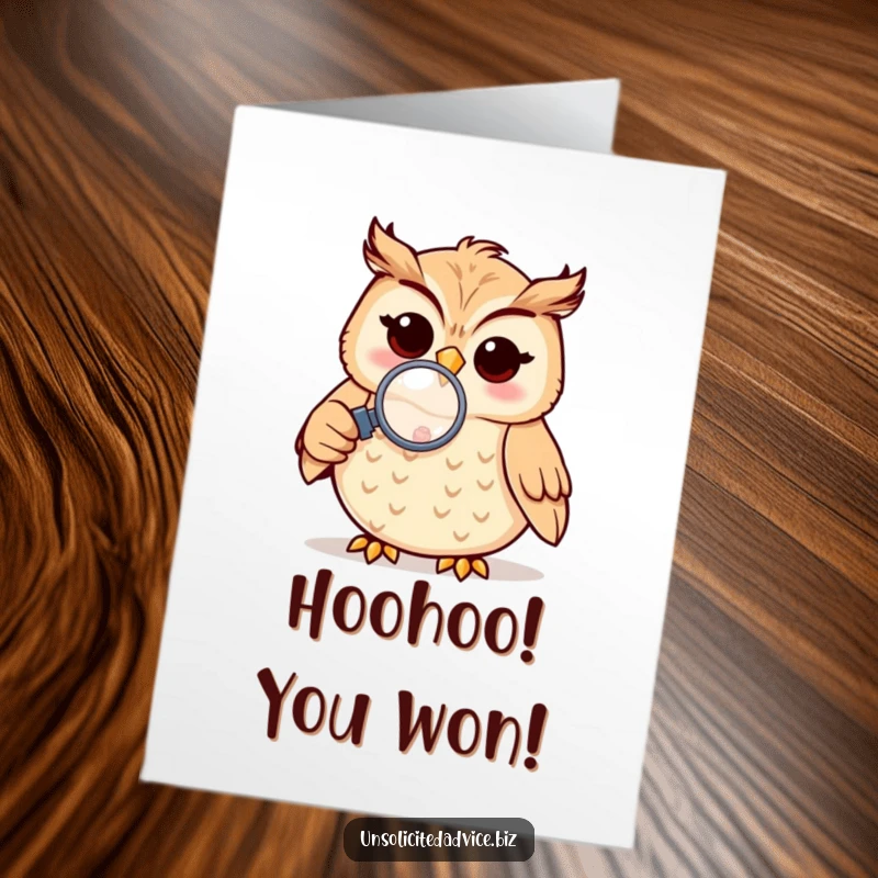 Funny Free Printable Congratulations Card: Owl with a magnifying glass intently studying a small item, symbolizing careful observation of success.