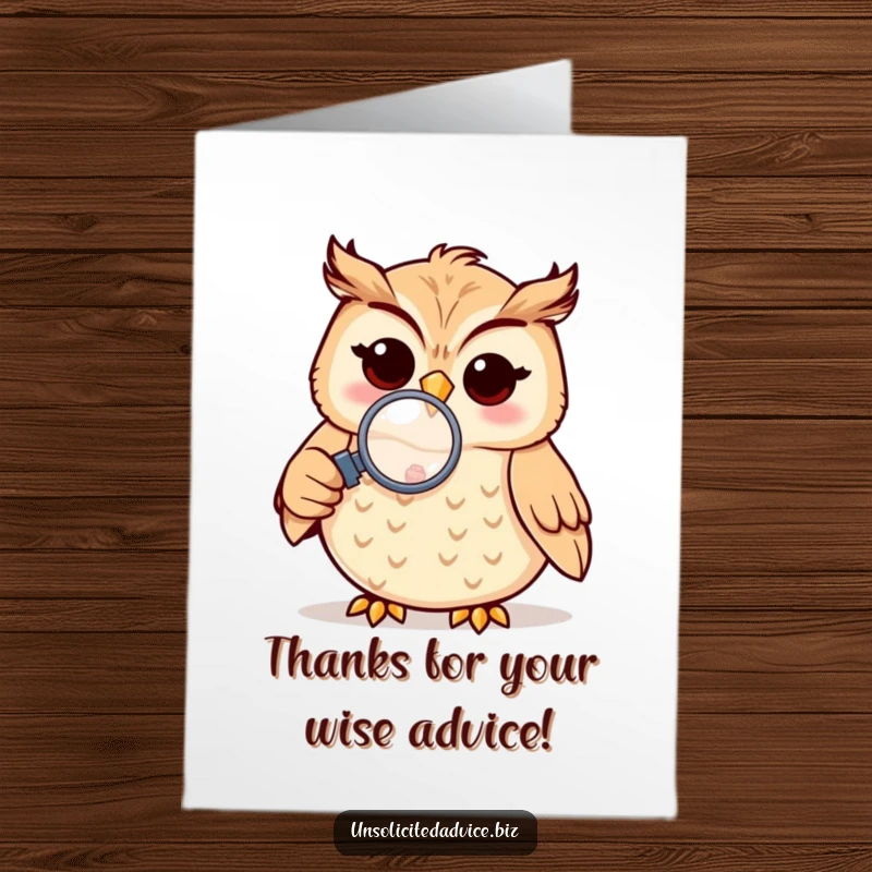 Funny Free Printable Thank You Card: Cheerful owl holding a magnifying glass, closely examining a small object with gratitude.