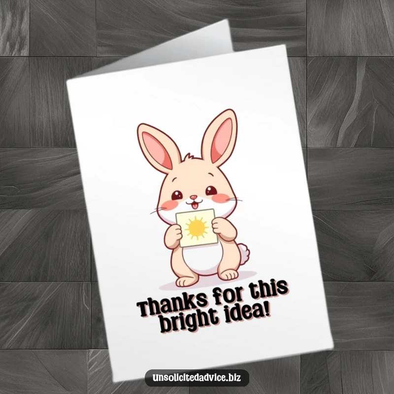 Funny Free Printable Thank You Card: Happy rabbit presenting a small, luminous diagram, symbolizing appreciation and helpfulness.