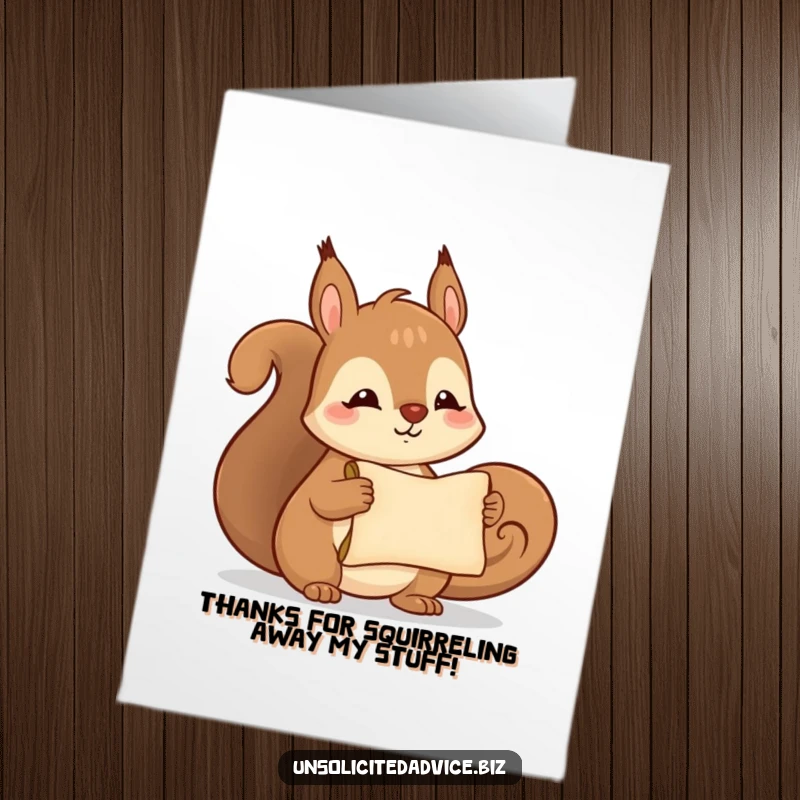 Funny Free Printable Thank You Card: Adorable squirrel holding a tiny scroll, beaming with gratitude and appreciation.