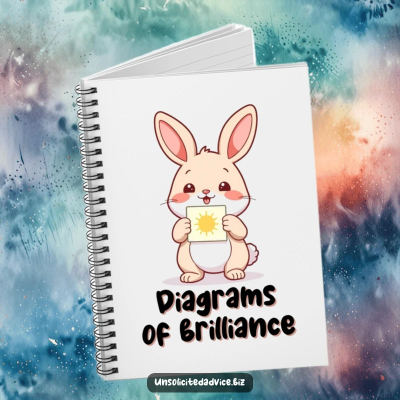 Funny notebook cover with a happy anthropomorphic rabbit presenting a small, glowing diagram, inspiring inventive note-taking.