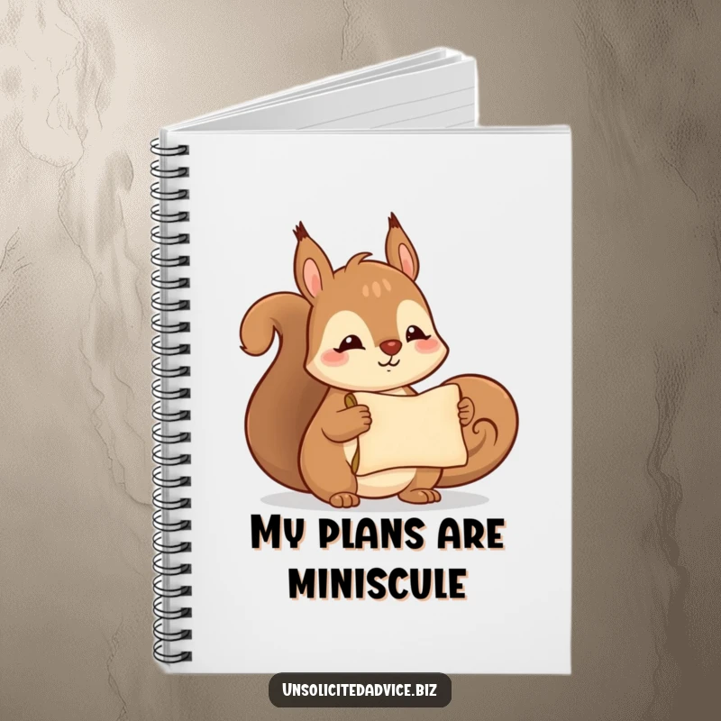 Funny notebook cover with a cute anthropomorphic squirrel smiling and holding a tiny scroll, inspiring whimsical note-taking.