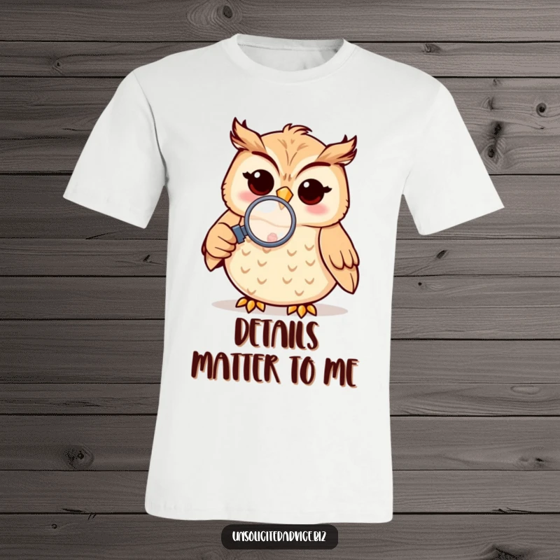 Funny t-shirt design of a cheerful anthropomorphic owl holding a magnifying glass to a small object, showcasing keen observation.