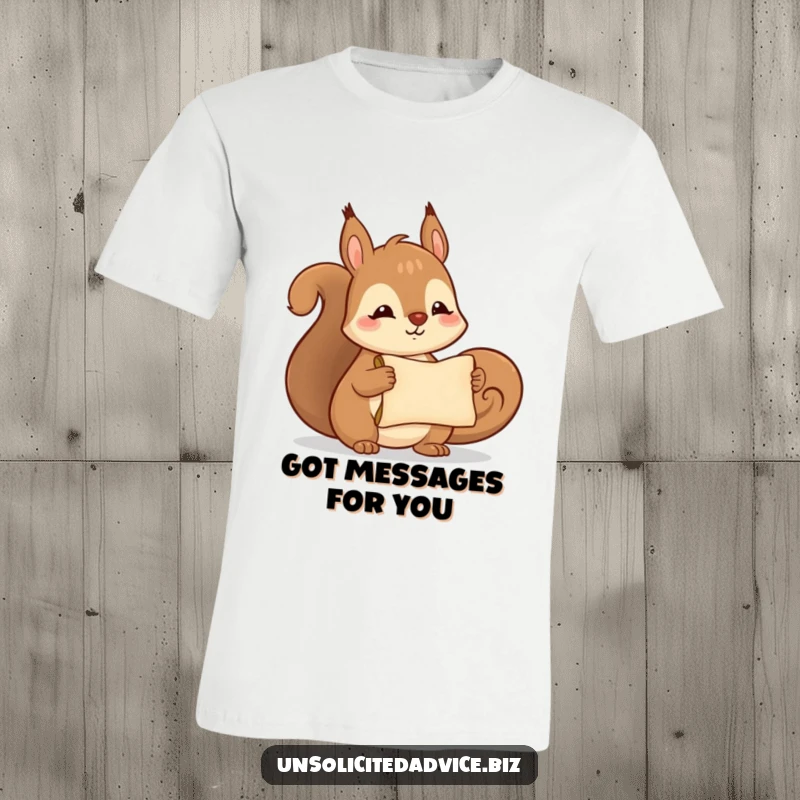 Funny t-shirt design of a cute anthropomorphic squirrel smiling as it offers a tiny, rolled-up scroll, a charming messenger.