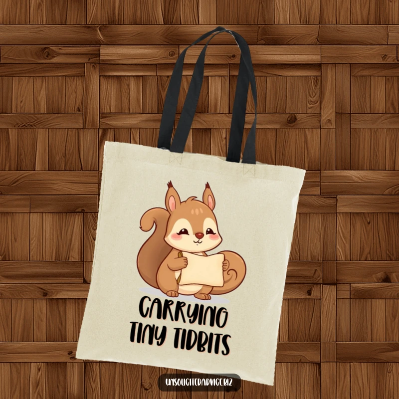 Funny tote bag featuring a cute anthropomorphic squirrel smiling and holding a tiny, rolled-up scroll, a charming messenger bag.